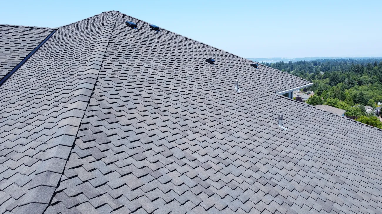 Aerial view of a dark shingle roof with a textured pattern and vents.